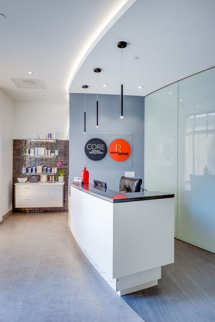Modern reception area with branding and design elements.