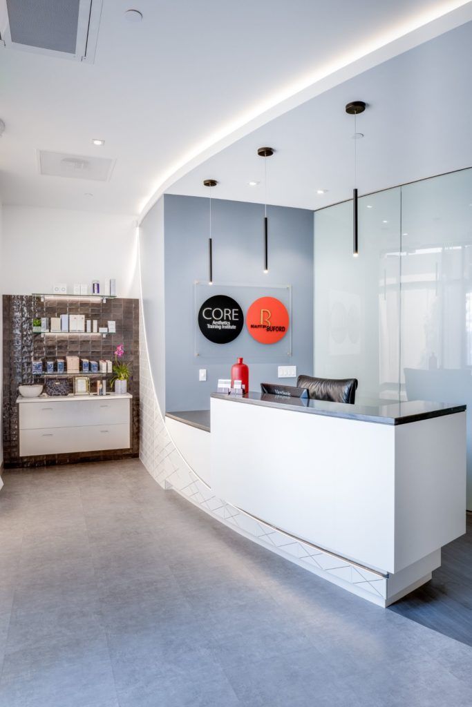 Modern reception area with minimalist design elements.