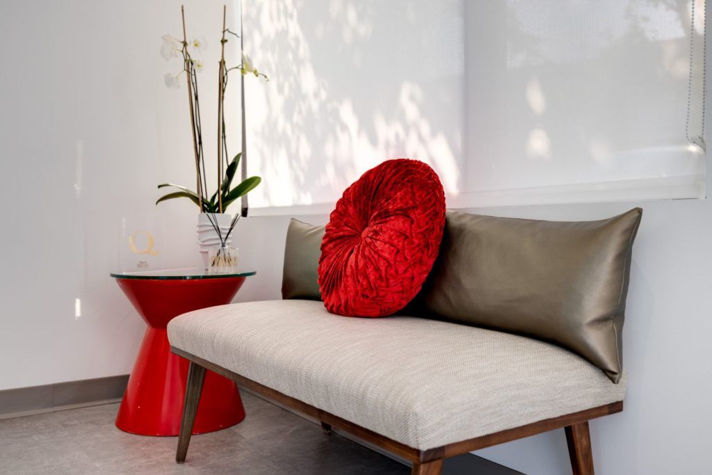 Modern seating with decorative pillows and plants.
