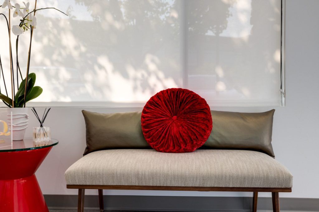 Stylish seating with decorative pillows and plants.