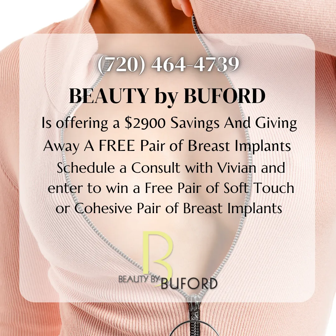 Breast implant promotion from BEAUTY by BUFORD.