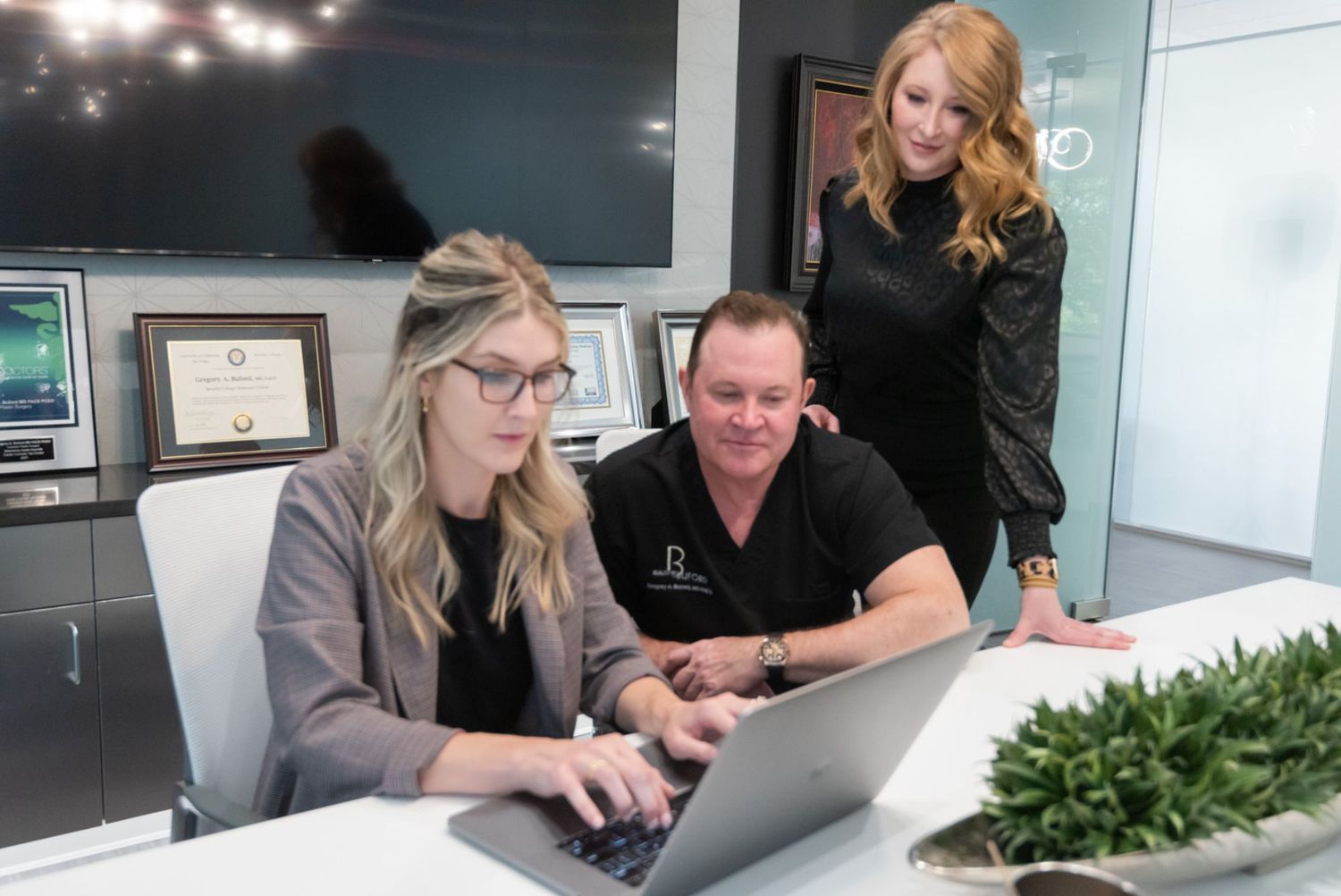 People collaborating in a modern office setting.