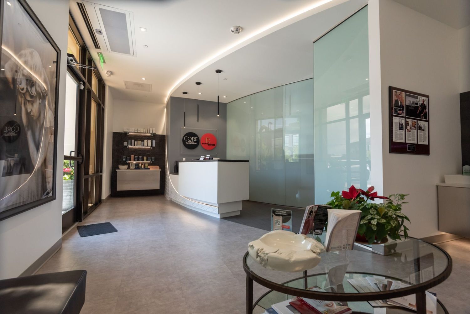 Modern reception area with sleek design elements.