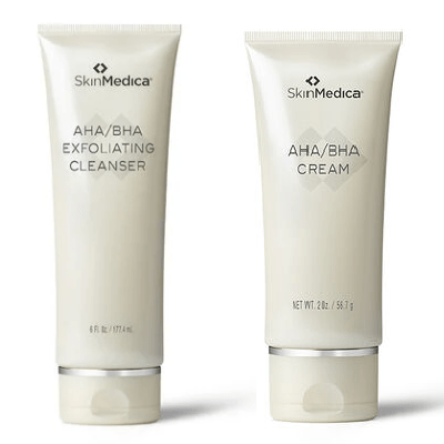 SkinMedica AHA/BHA cleanser and cream tubes.