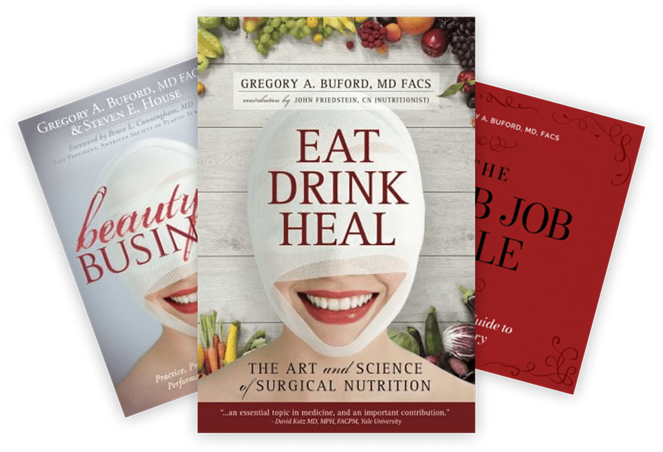 Books on beauty, nutrition, and surgical wellness.