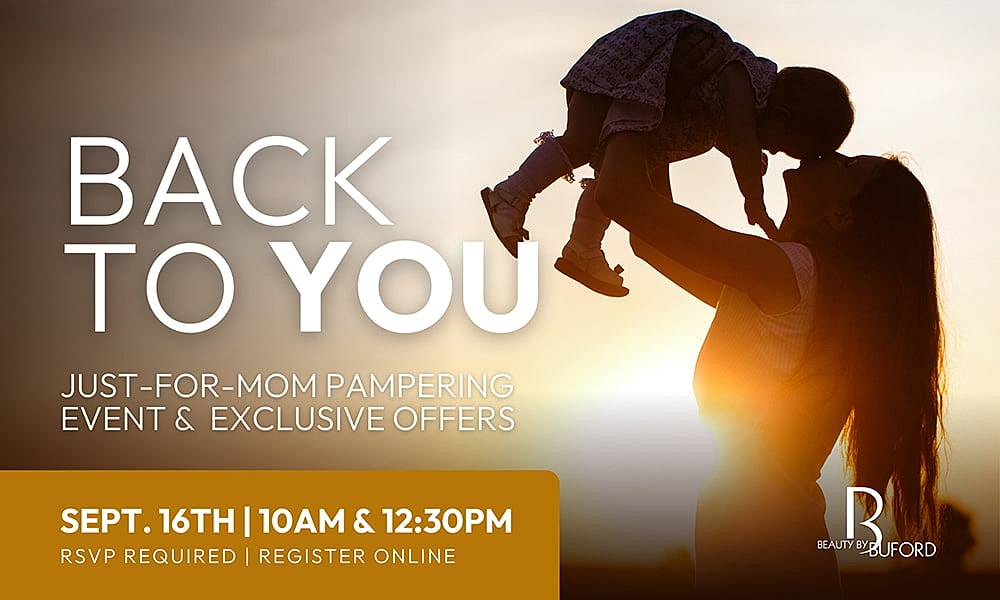 Mom and child at pampering event announcement.